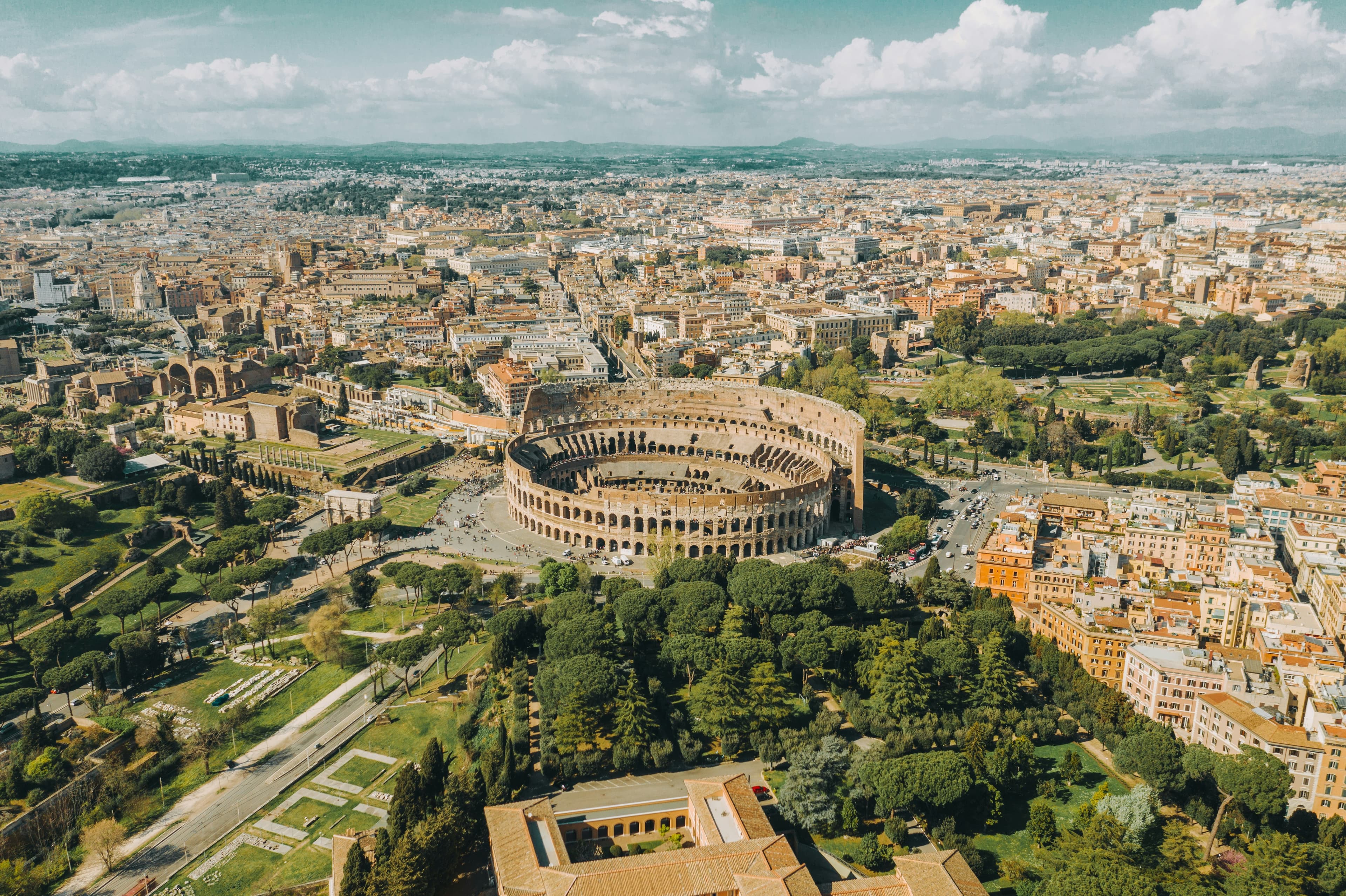 Aerial view of the Colosseum and Rome from above