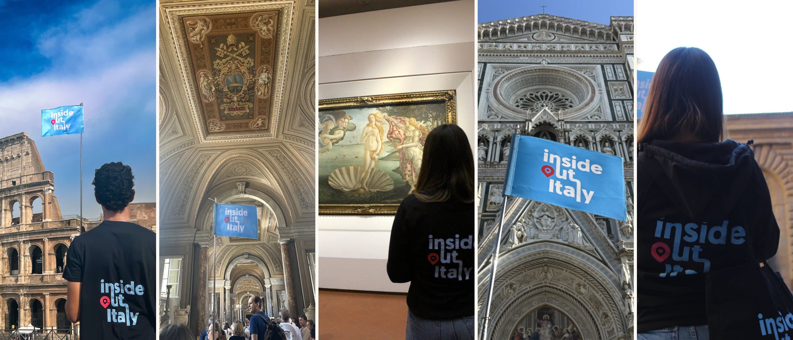 Inside Out Italy guides in branded t-shirts and hoodies with the company flag at the Colosseum, the Vatican Museums, the Uffizi, Florence Cathedral and Palazzo Pitti