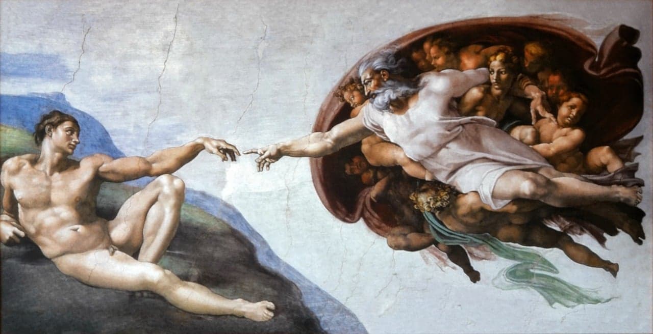 The Creation of Adam by Michelangelo, iconic fresco on the Sistine Chapel ceiling depicting God reaching out to give life to Adam.